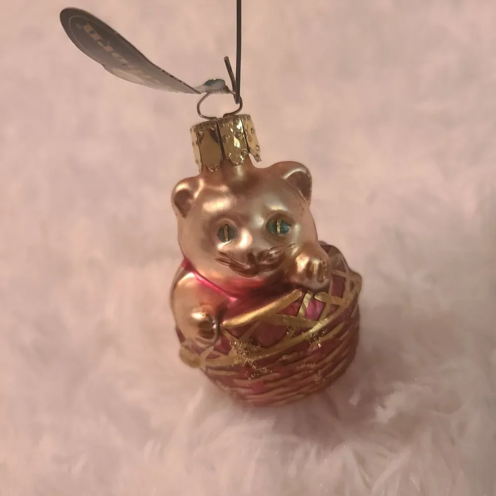 Vtg Glass Ornament Germany Christborn Rare Cat In Basket Old World Christmas